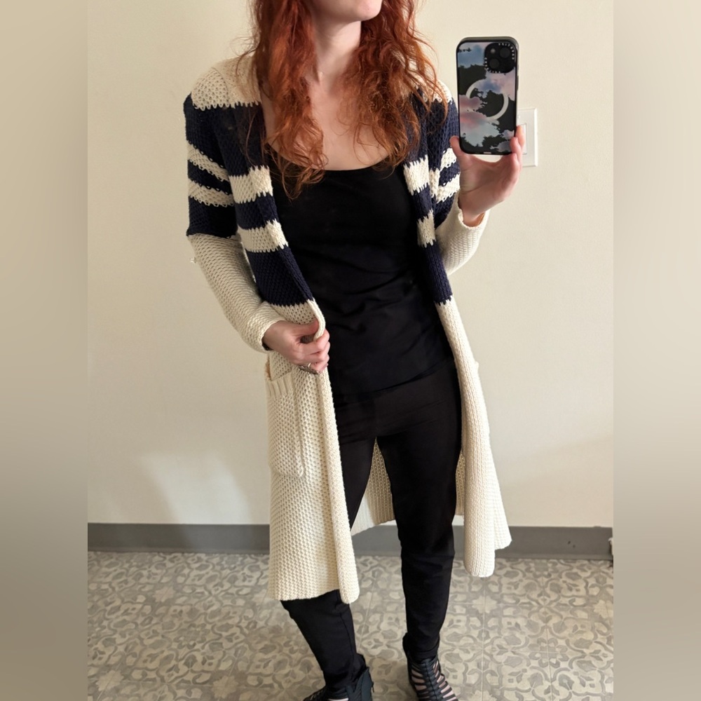 Chaser Striped Hooded Long Cardigan XS Cream Navy Knit Sweater